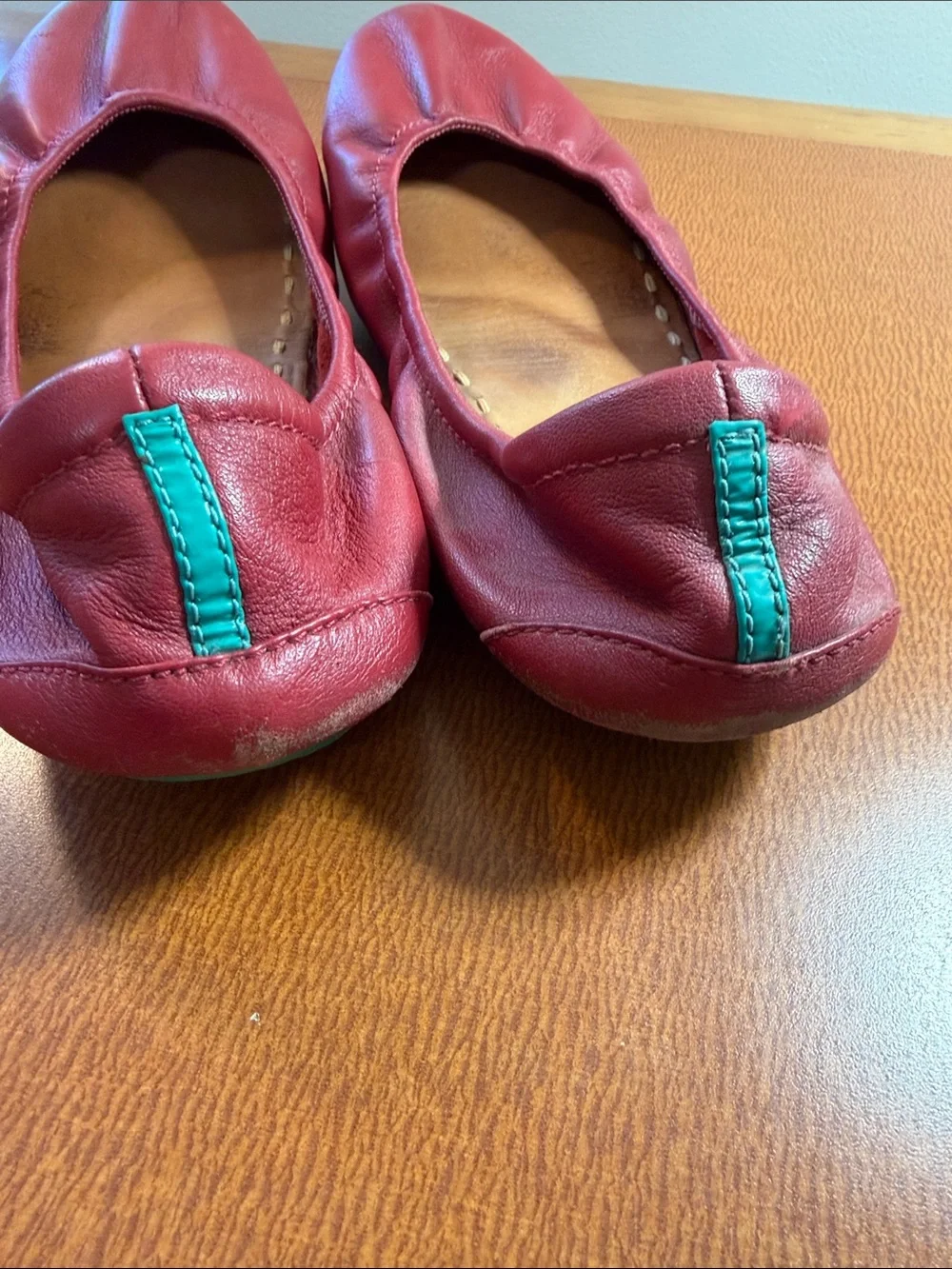 Tieks Red Leather Ballet Flats with Teal Heel Tab - Women